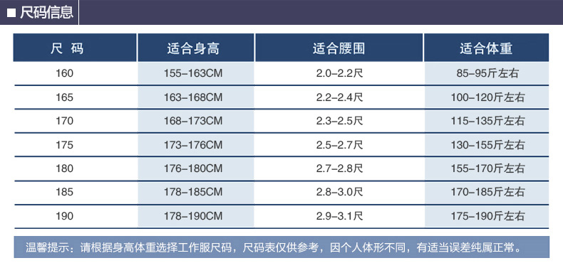 維修電焊、機械加工工作服尺寸表